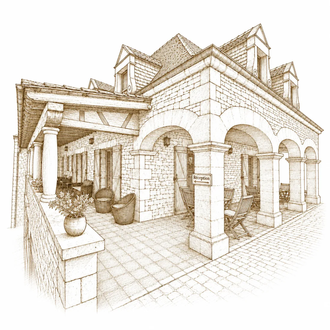 Dessin de la façade de l’Hôtel Bon Encontre